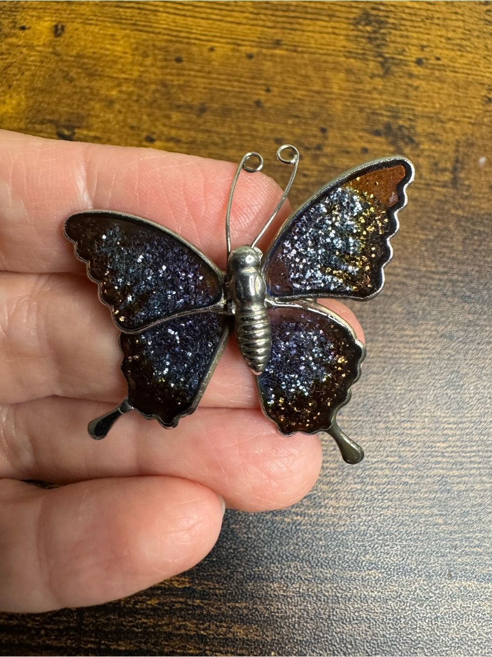 Vintage Blue and Gold Glitter Butterfly Brooch - Vintage